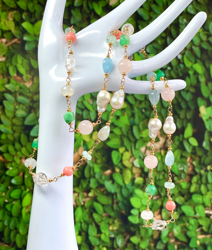 Multi Gemstone Pastel Long Necklace with Herkimer Diamond Aquamarine Gold