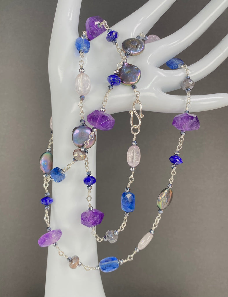 Long Blue Violet Necklace Amethyst Kyanite Kunzite Coin Pearl Sterling Silver
