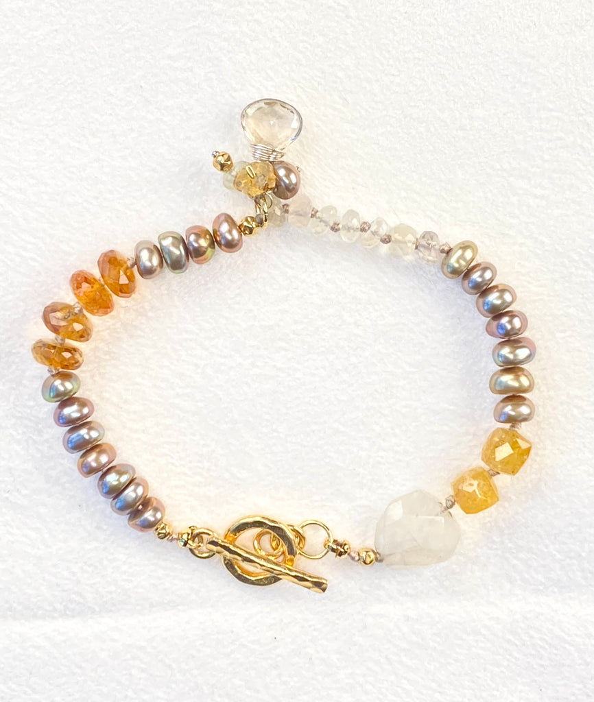 Beige Pearl Citrine Moonstone Bracelet Gold and Silver