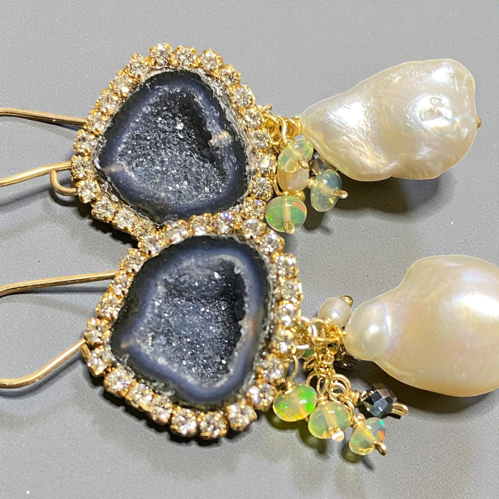 Black Tabasco Geode Earrings with White Baroque Pearls and Opal Clusters