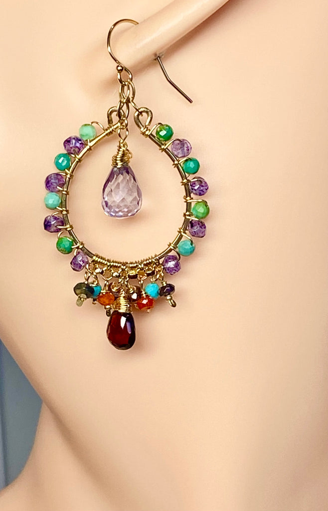 Gold Hoop Chandelier Earrings Iolite, Turquoise, Garnet, Opal