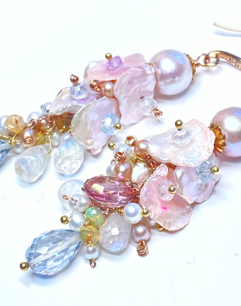 Blush Keishi Pearl Pink Topaz Ivory Pearl Rose Gold Long Dangle Bridal Earrings