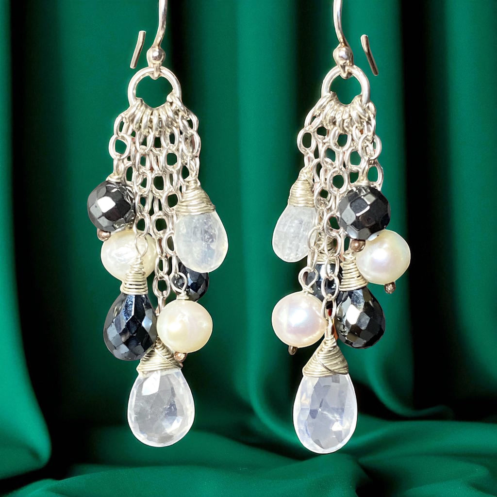 Black and White, Moonstone Black Spinel Dangle Earrings, Sterling SIlver