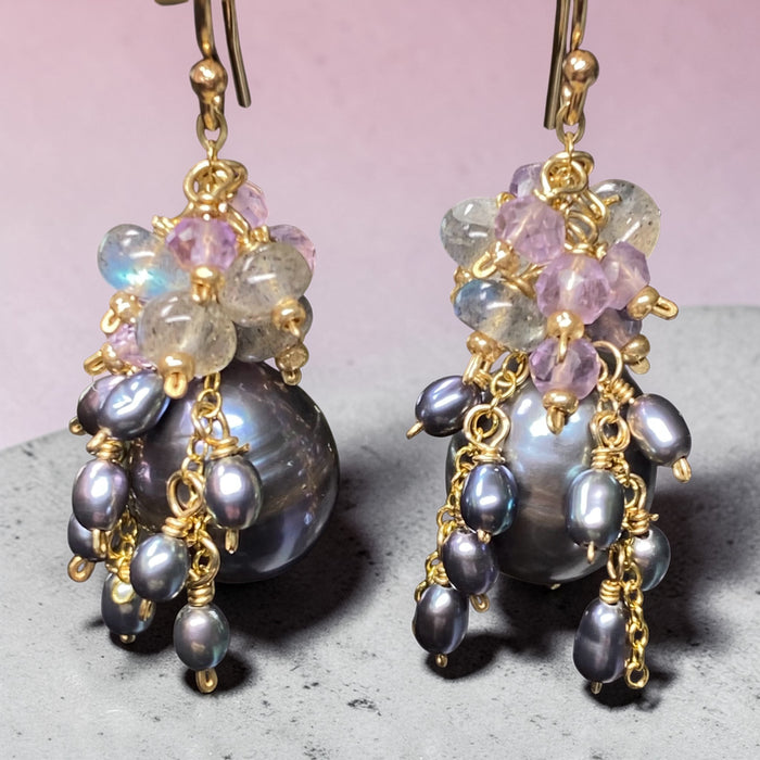 Peacock Pearl, Amethyst, Labradorite, Cluster Waterfall Earrings - Doolittle
