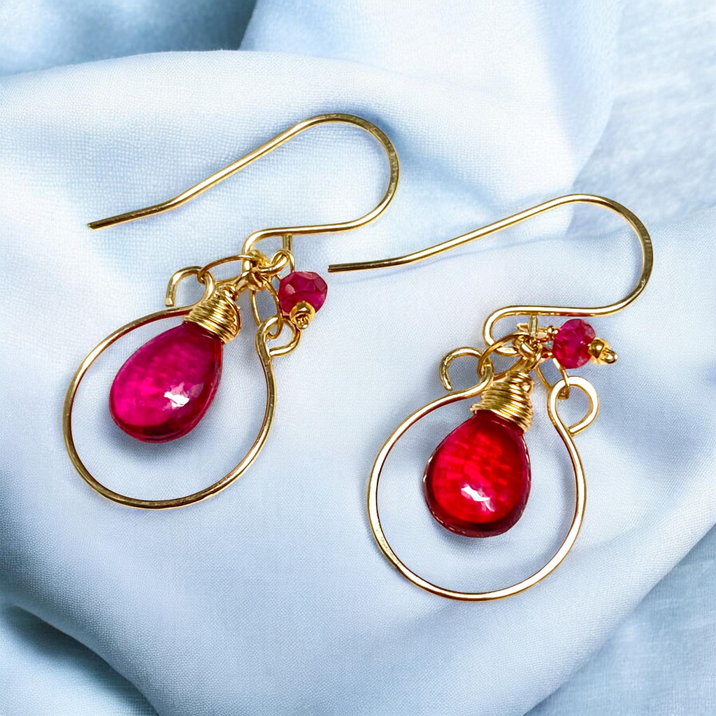 Rubellite Quartz and Ruby Gemstone Hoop Earrings Gold Fill - Doolittle