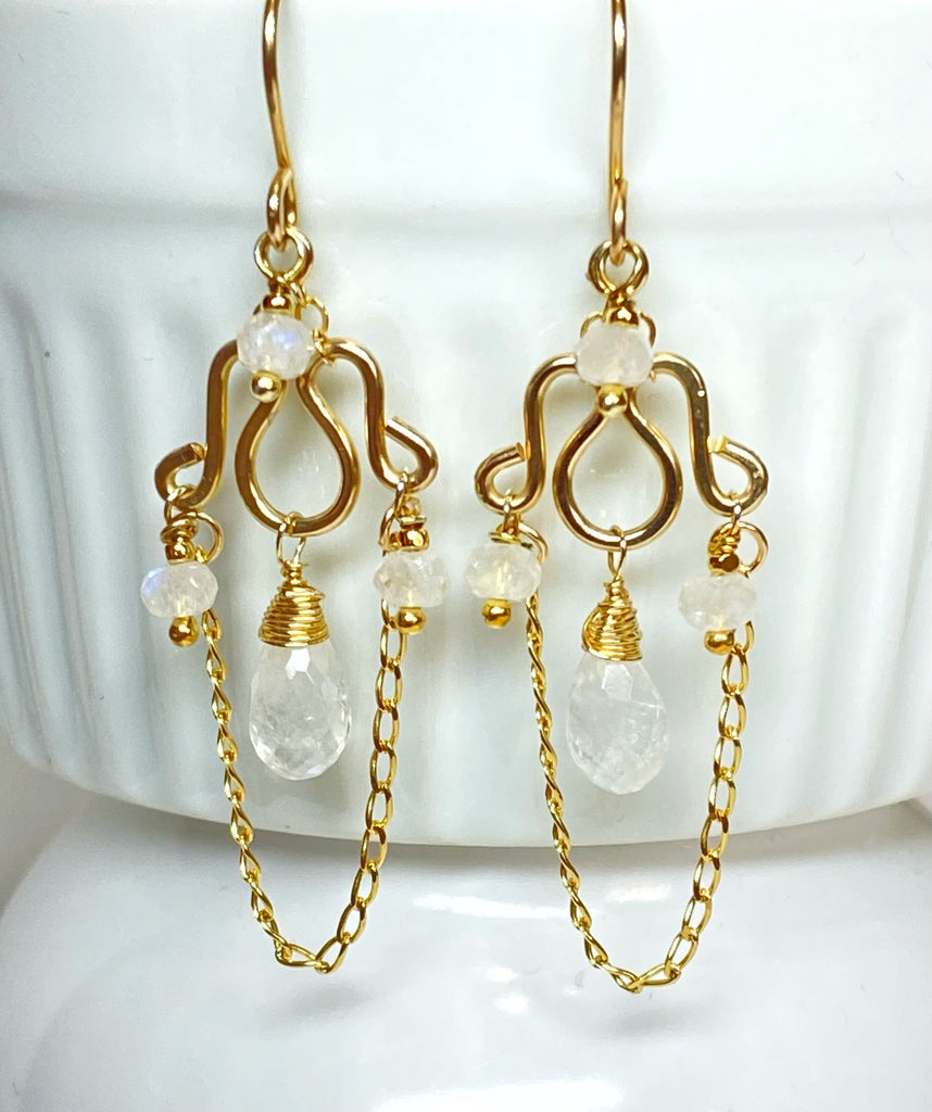 Rainbow Moonstone Petite Chandelier Earrings Gold Fill