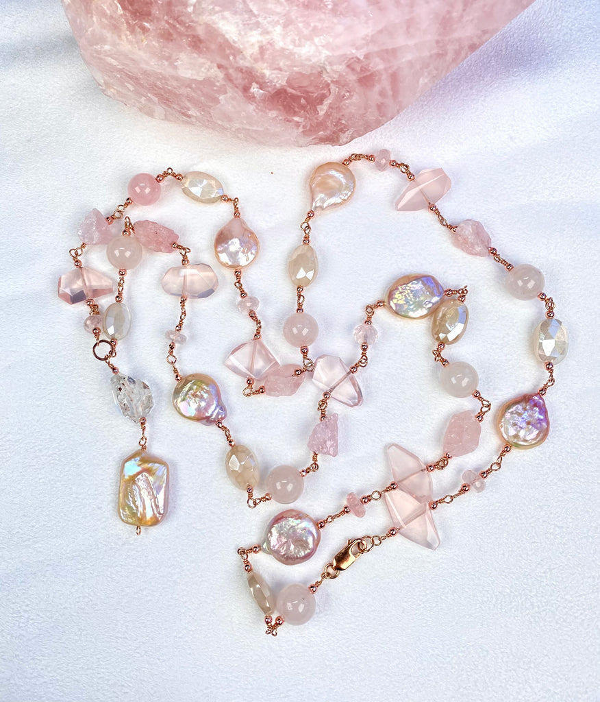 Blush Pink Coin Pearl Long Sautoir Necklace — Rose Gold Fill, Rose Quartz & Morganite
