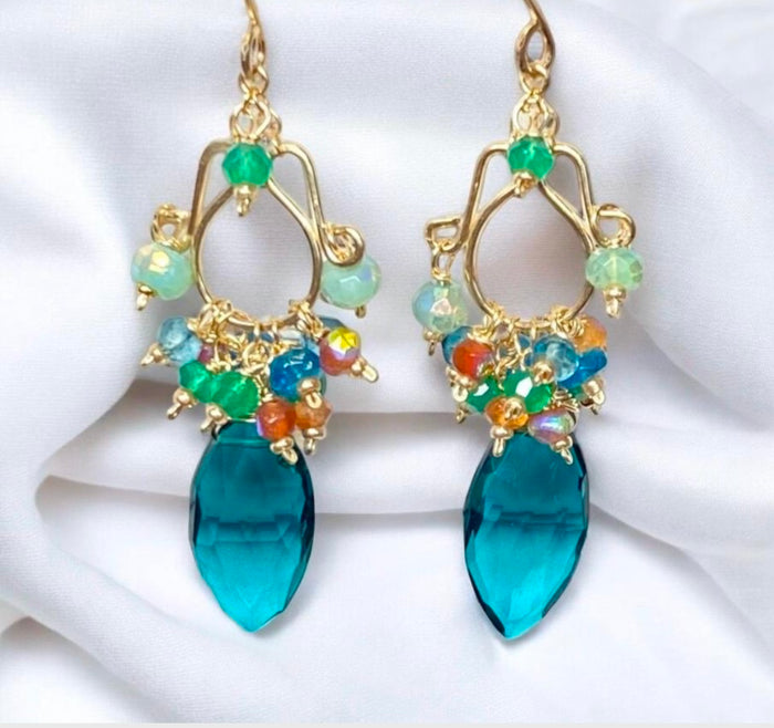 Teal and Multicolor Gemstone Chandelier Earrings Gold Fill