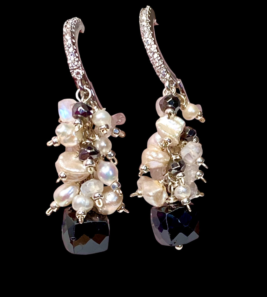 Black Spinel, Pearl and Moonstone Cluster Earrings