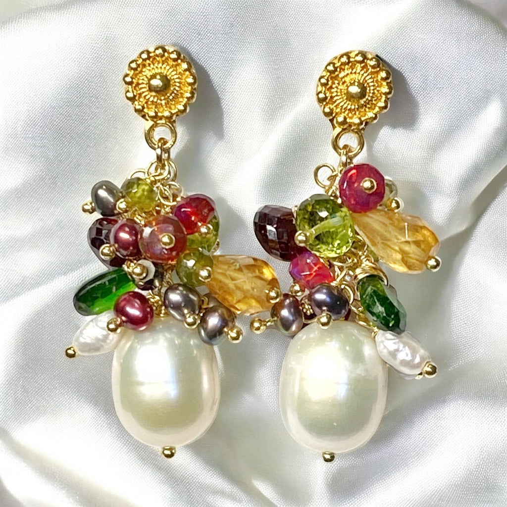 Multi-color Gemstone and Pearl Cluster Gold Post Earrings