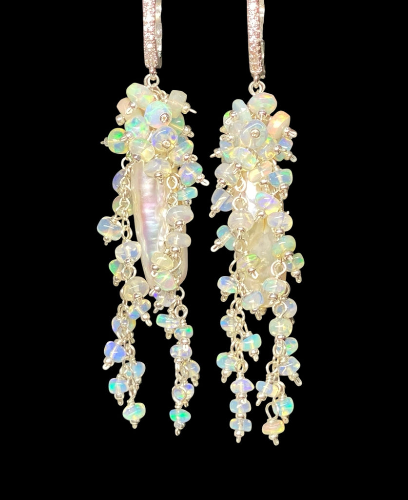 Pearl, Ethiopian Opal Statement Earrings, Bridal Earrings, Sterling Silver