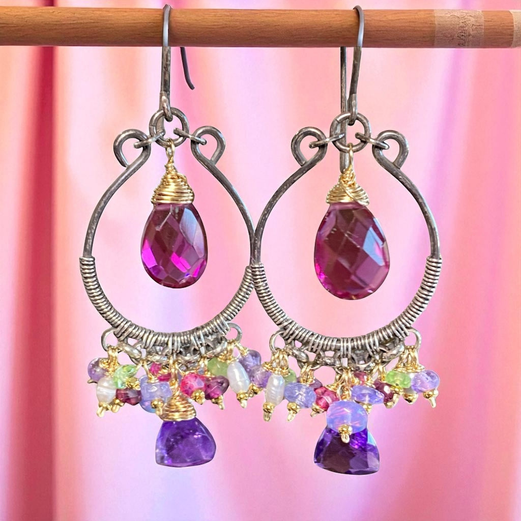 Blue Violet Gemstones Oxidized Silver Hoop Chandelier Earrings
