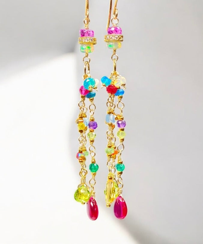 Multi Gemstone Gold Fill Long Dangle Earrings with Peridot, Citrine, Rubellite