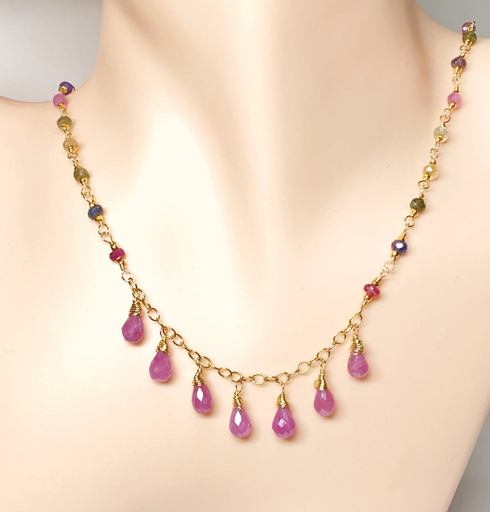 Pink Sapphire 14K Gold Fill Dangle Necklace Rosary Style Wire Wrap