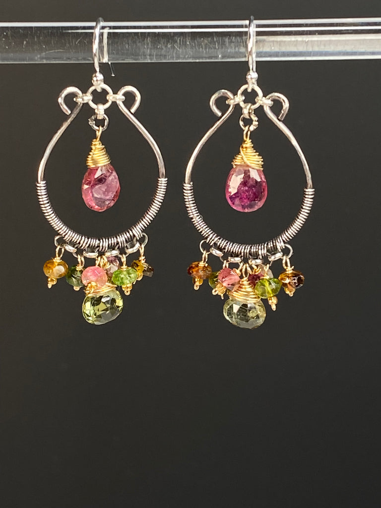 Pink and Green Tourmaline Mixed Metal Hoop Chandelier Earrings - Doolittle