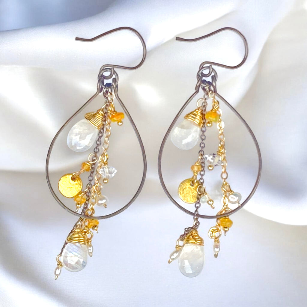 Rainbow Moonstone, Opal, Pearl Mixed Metal Hoops, Black and Gold - Doolittle