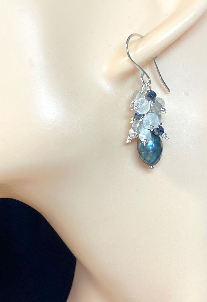 Petite Peacock Pearl Cluster Earrings — Pearl, Moonstone, Labradorite, Mystic Black Terahertz
