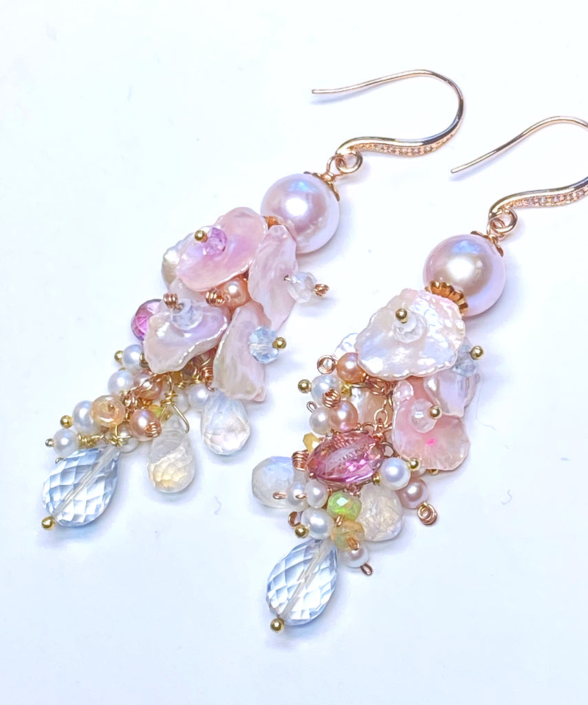 Blush Keishi Pearl Pink Topaz Ivory Pearl Rose Gold Long Dangle Bridal Earrings