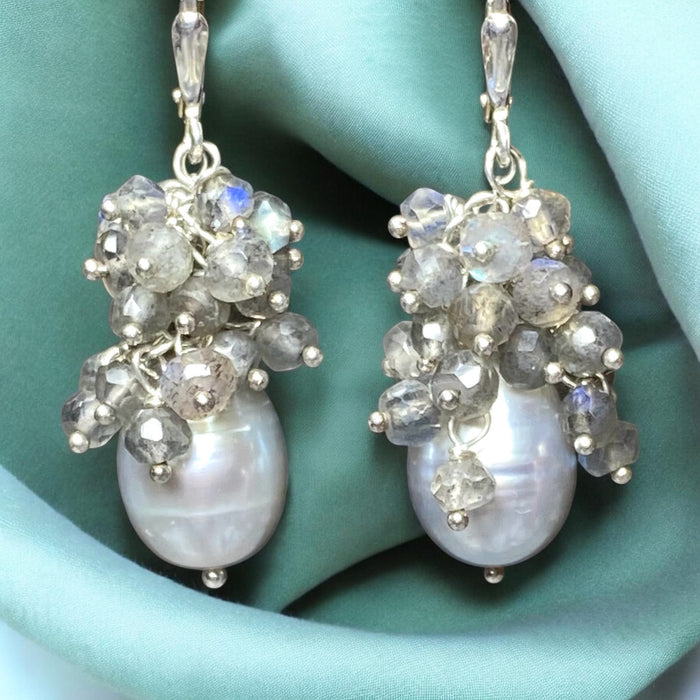 Silver Grey Pearl and Labradorite Cluster Earrings Sterling Silver - Doolittle