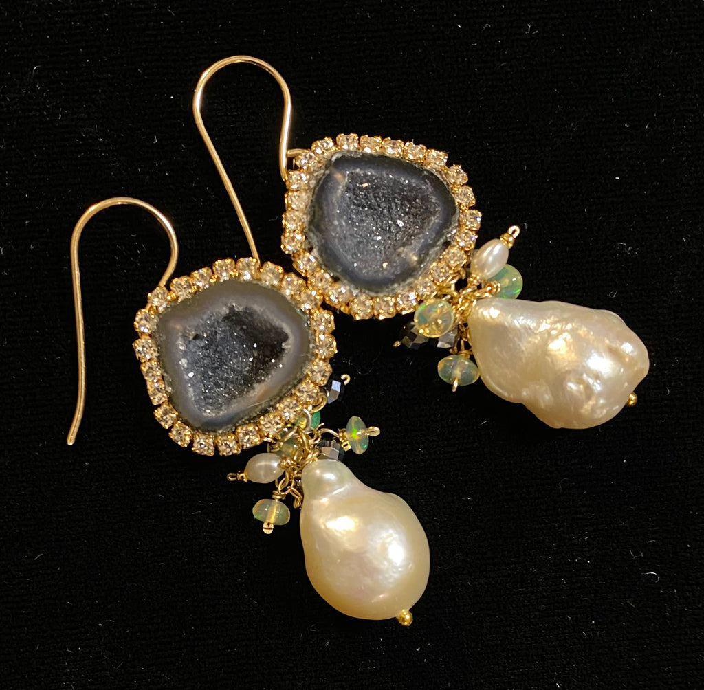 Black Tabasco Geode Earrings with White Baroque Pearls and Opal Clusters