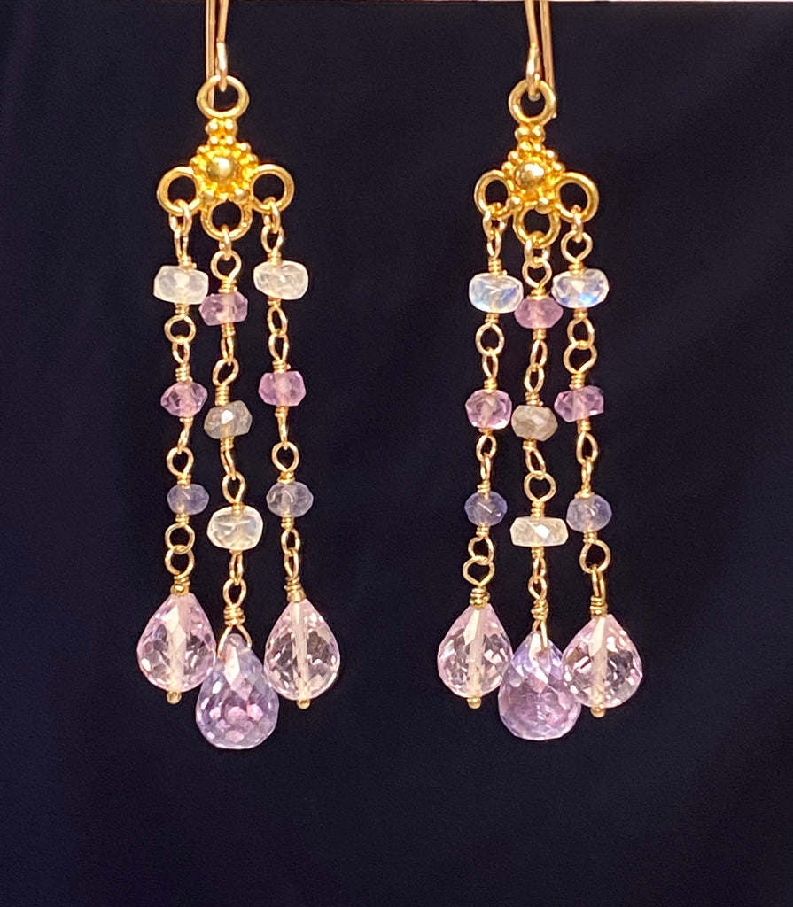 Blue Lavender Purple Gemstone Dangle Earrings, Tassel Style, Iolite, Amethyst, Moonstone, Gold Fill - Doolittle