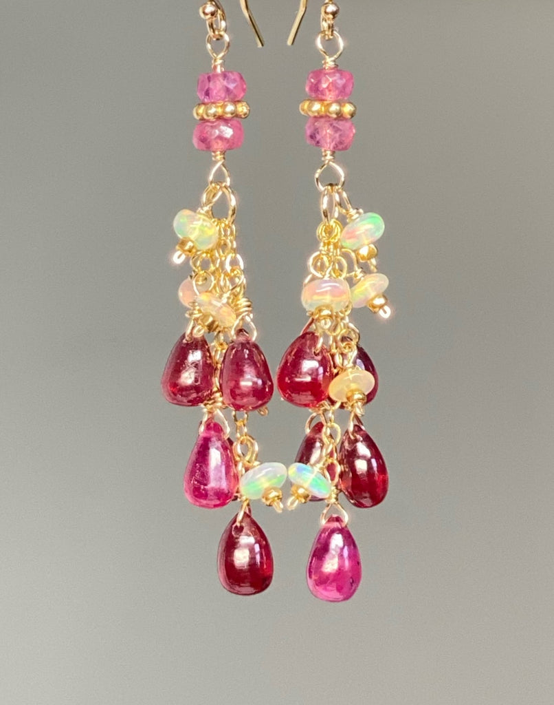 Pink Sapphire and Opal Tassel Earrings, Gold Fill