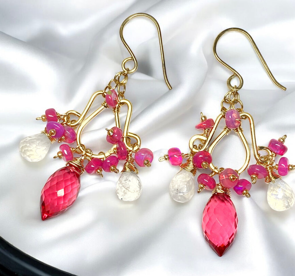 Rubellite Pink Quartz Moonstone Chandelier Earrings Pink Opals, Gold Fill