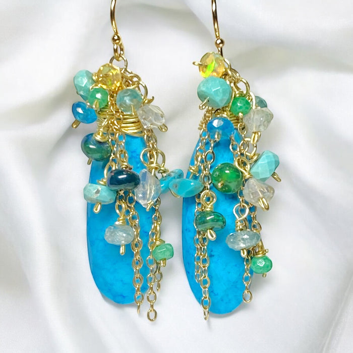 Turquoise, Opal, Colorful Gemstone Cluster Dangle Earrings