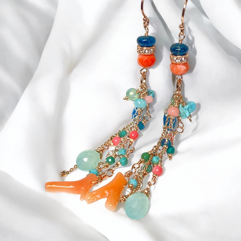 Rose Gold Gemstone Long Boho Dangle Earrings in Turquoise, Coral, Apatite, Aqua