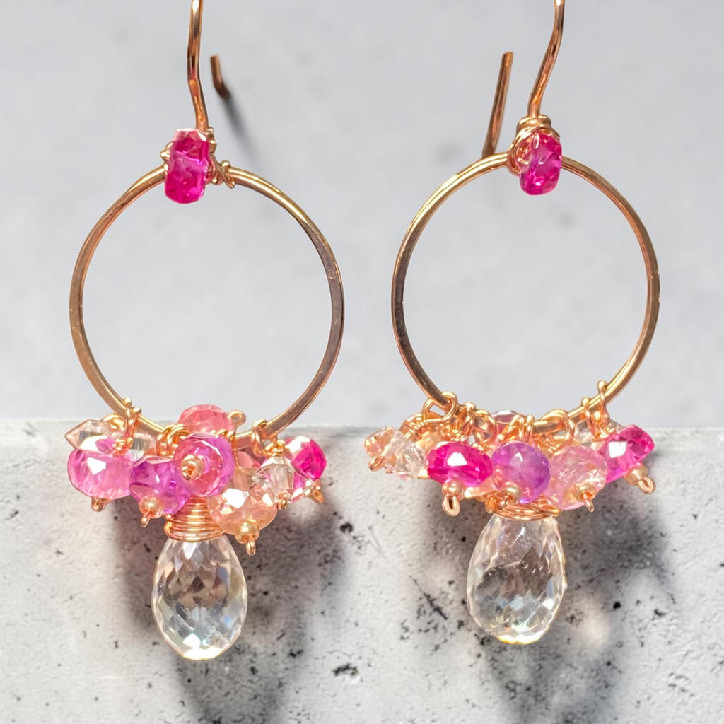 Padparadscha Sapphire Hoop Earrings Rose Gold Fill — Crystal Quartz Herkimer Diamond - Doolittle
