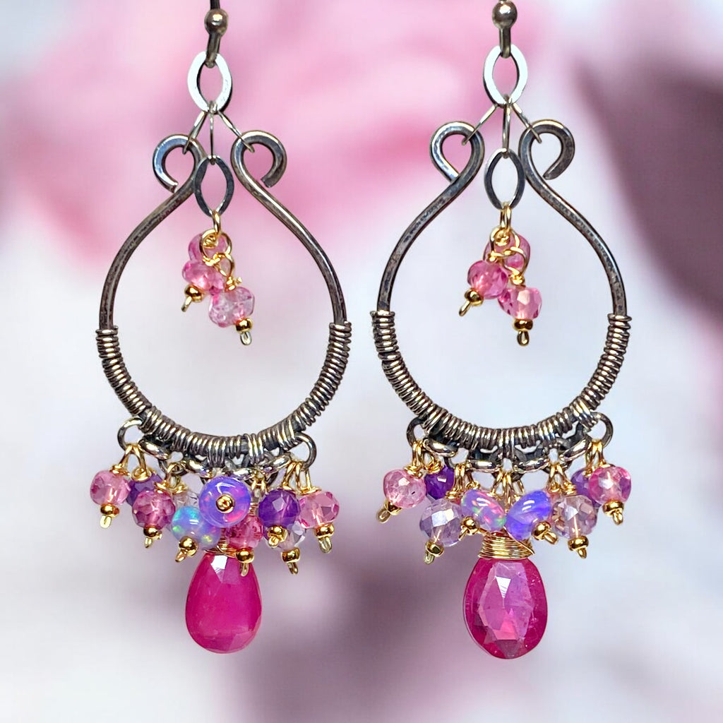 Oxidized Silver Hoop Chandelier Earrings, Pink Sapphire, Mixed Metals 2