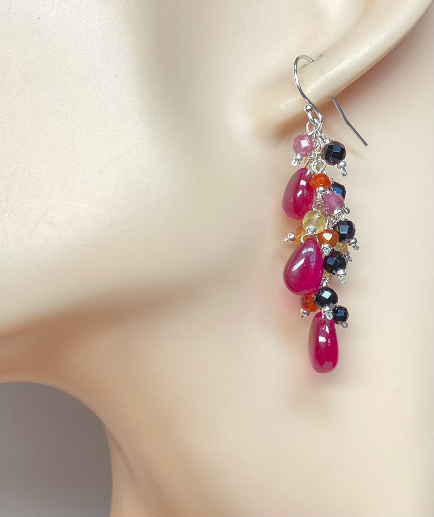 Rubellite Multi Gemstone Long Dangle Earrings Sterling Silver