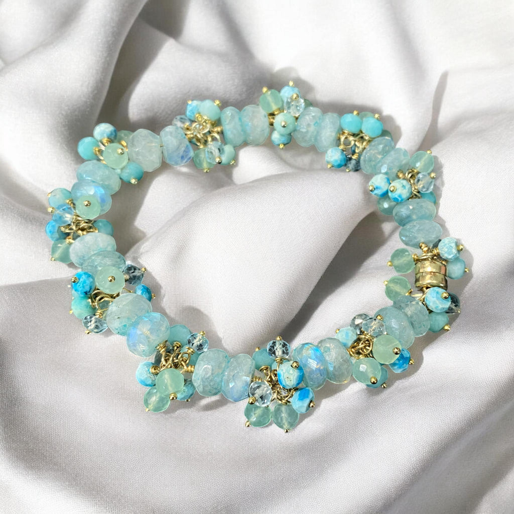Aqua Moonstone Cluster Bracelet Gold Fill or Sterling Silver