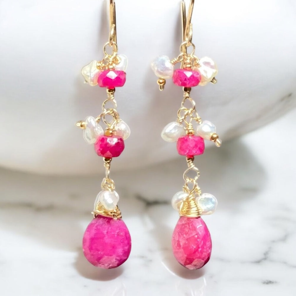 Ruby Dangle Earrings with Pearls Gold Fill