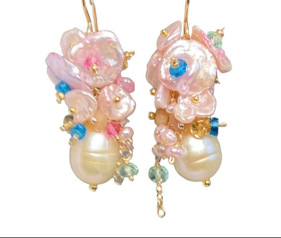 Pink Pearl Cluster Earrings with Blush Keishi Pearls