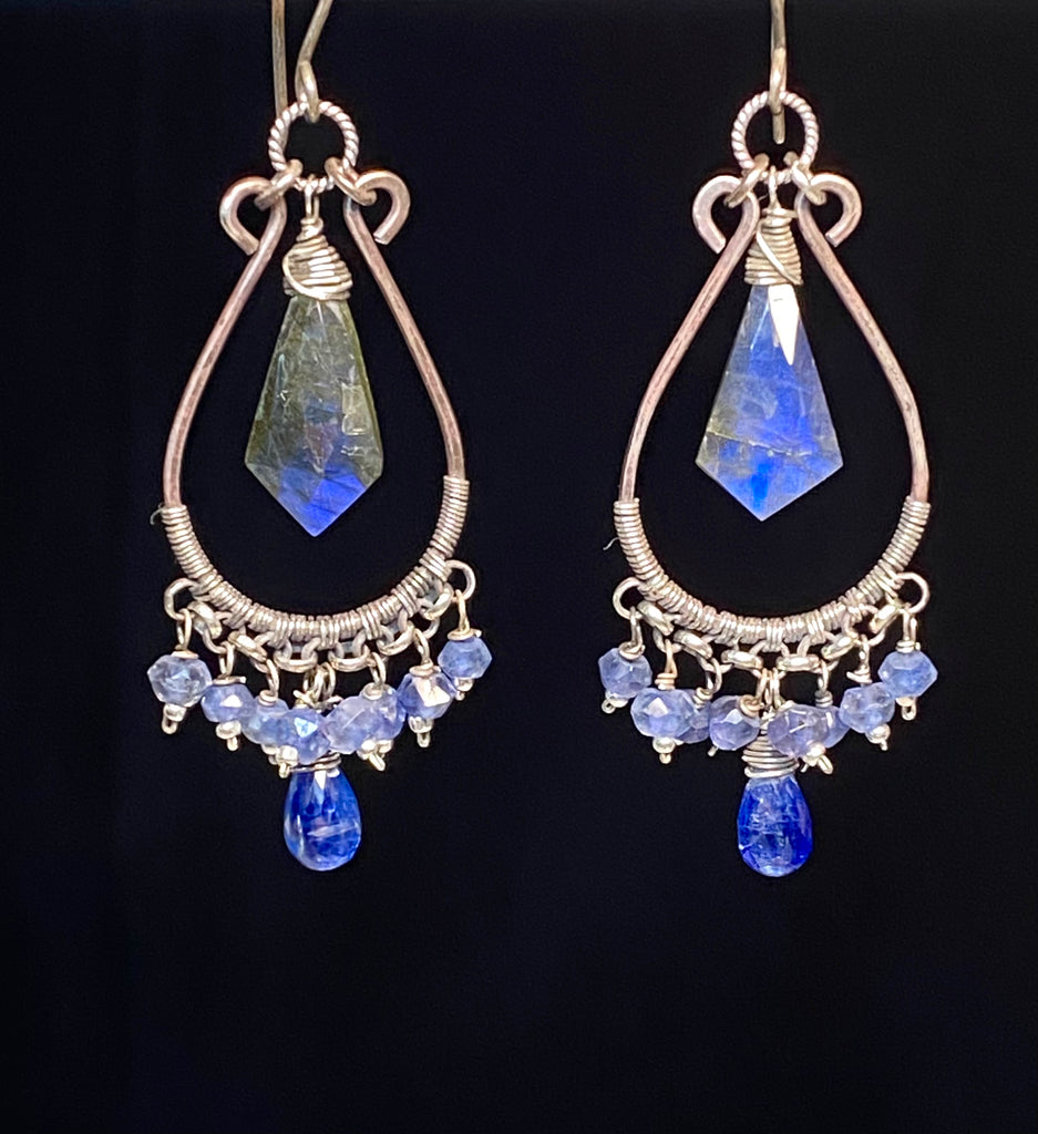 Blue Gemstone Statement Chandelier Earrings Oxidized Sterling Silver Blue Labradorite, Iolite, Kyanite - Doolittle