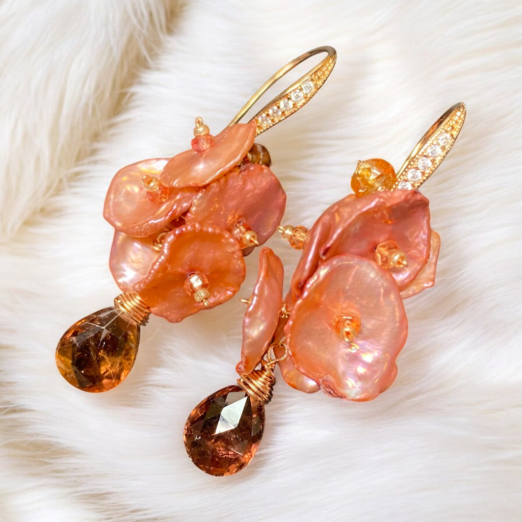 Tourmaline, Sapphire and Coral Keishi Pearl Cluster Earrings Rose Gold