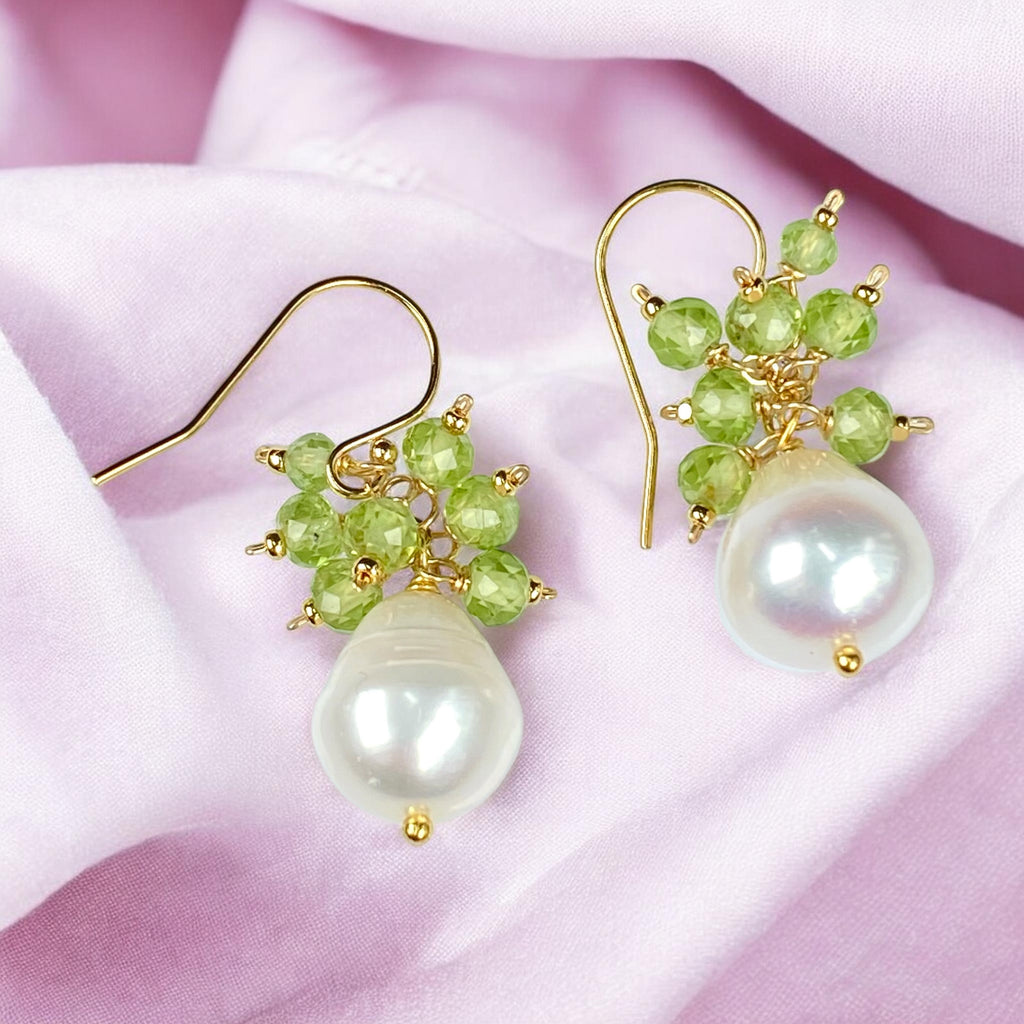 Peridot and Pearl Cluster Earrings, Silver or Gold Fill, 14k Gold Fill - Doolittle
