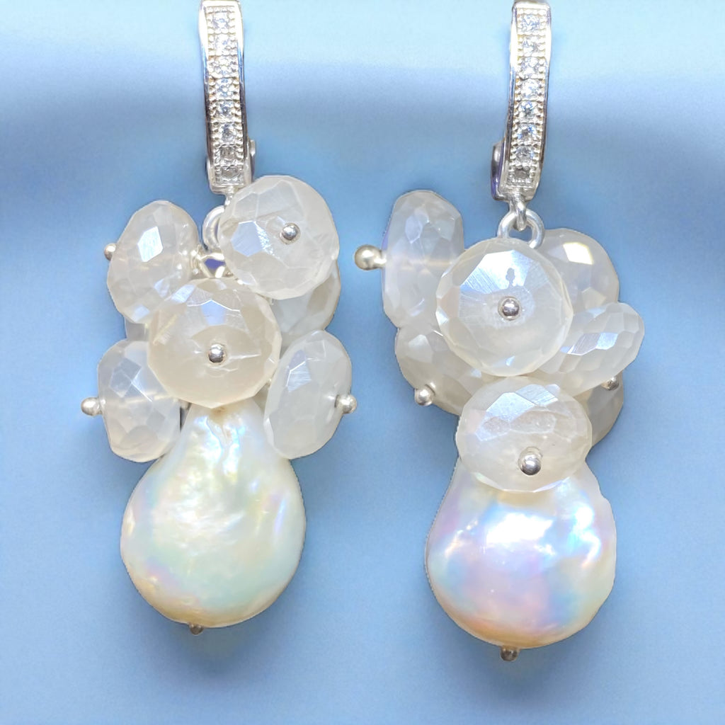 Baroque Pearl and Mystic Moonstone Sterling Silver Bridal Gemstone Cluster Earrings