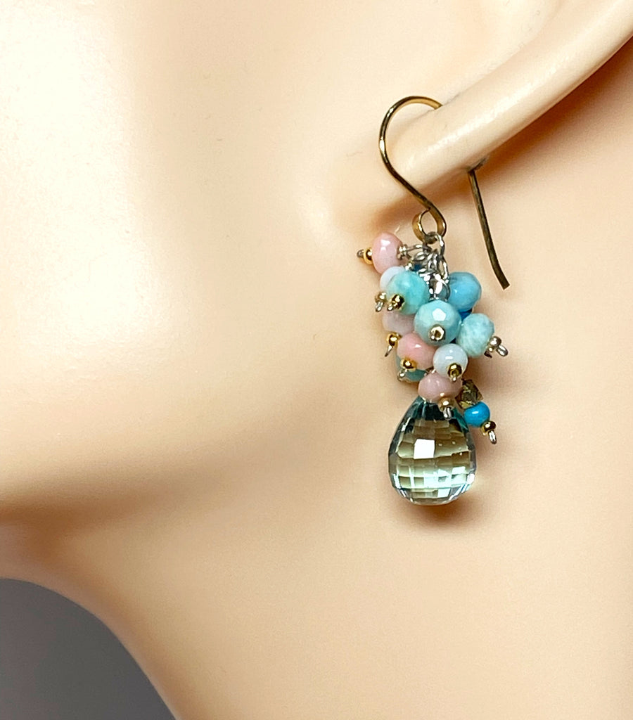 Aqua Quartz Multi Gem Cluster Earrings Mixed Metals