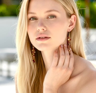 Red Garnet Cranberry Pearl and Opal Long Dangle Earring, Gold