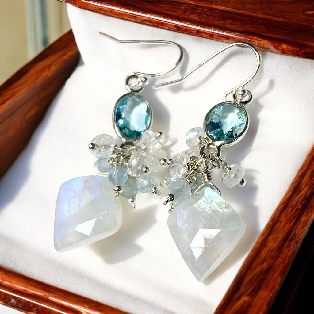 Rainbow Moonstone, Blue Topaz Cluster Dangle Earrings Sterling Silver