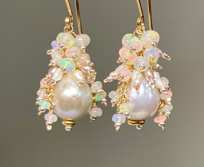 Silver Edison Pearl Ethiopian Opal Cluster Earrings, Mixed Metals