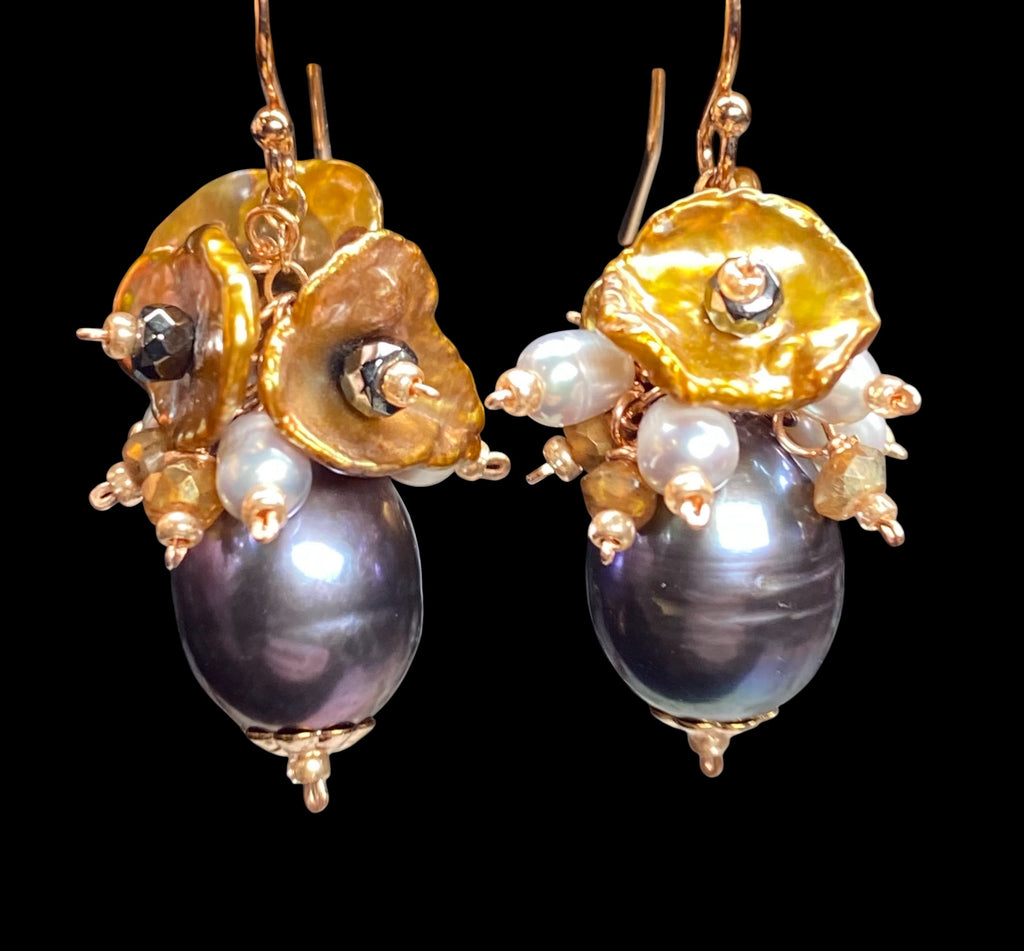 Peacock Pearl, Keishi Pearl Cluster Dangle Earrings Rose Gold Fill