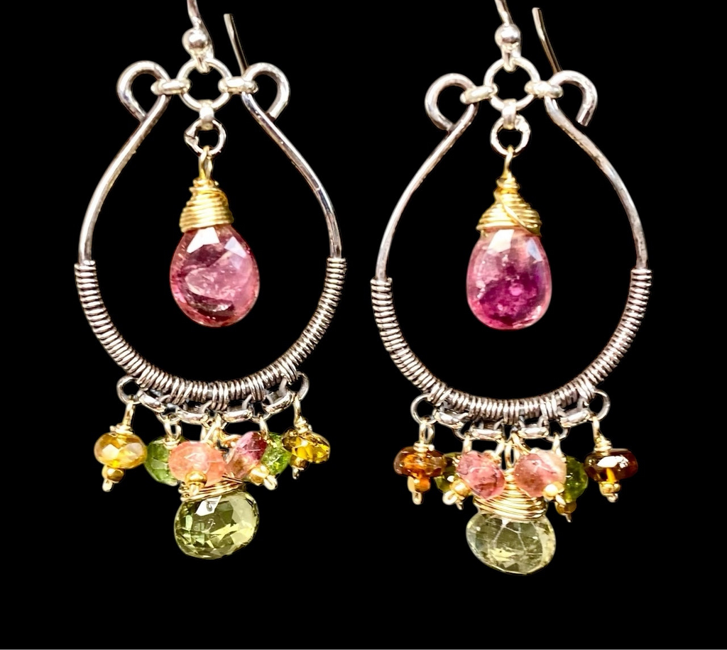 Pink and Green Tourmaline Mixed Metal Hoop Chandelier Earrings