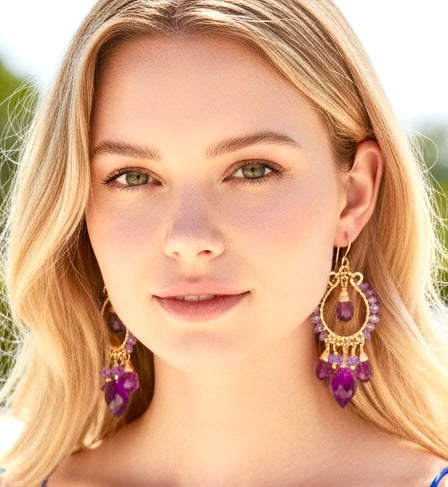  Model wearing tanzanite iolite amethyst violet quartz gold filled chandelier earrings showing statement jewelry style