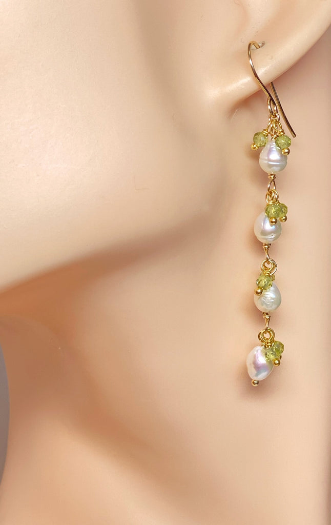 Peridot and Pearl Long Dainty Earrings Gold Fill