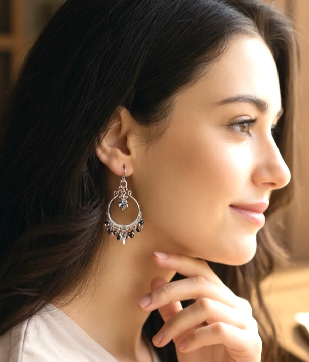 Black Gemstone Chandelier Hoop Earrings Sterling Silver 2