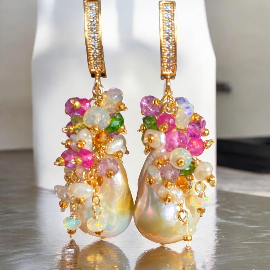 Pond-slime Baroque Pearl and Gemstone Cluster Earrings with Violet Sapphire