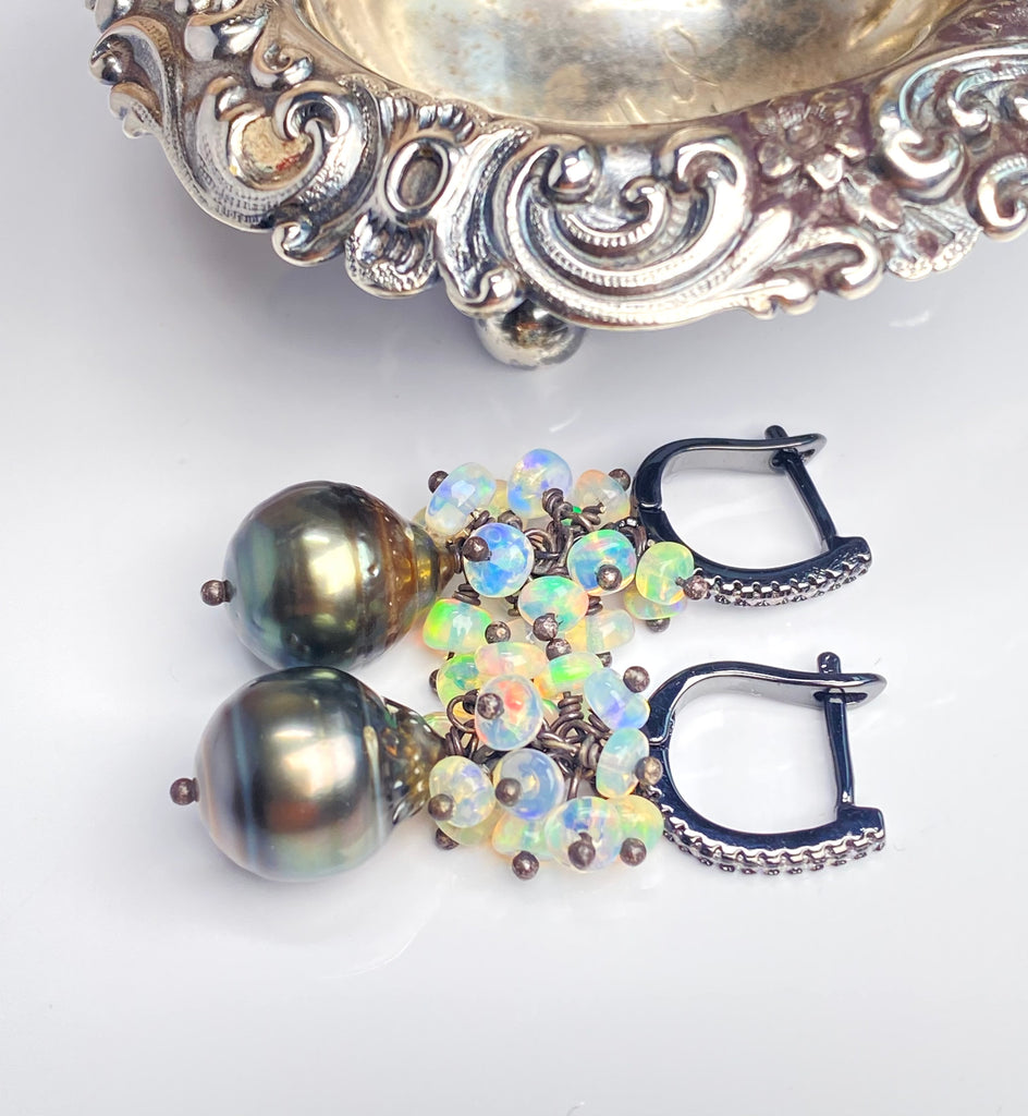 Tahitian Pearl and Opal Cluster Earrings Oxidized Sterling Silver